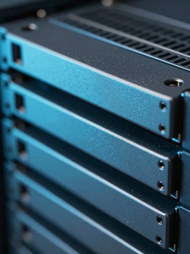 Macro perspective of high-precision server rack units, sharp metallic textures, dark blue and electric cyan accent lighting, cinematic focus.