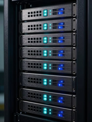 Macro close-up of a high-density server rack, illuminated by sharp electric cyan and deep blue indicator lights, brushed metal chassis textures, low-key contrast, vertical framing.