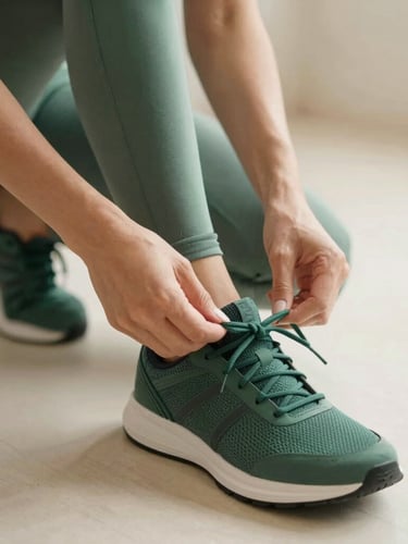 Close-up of a woman's hands tying her athletic shoes in a bright, minimalist studio. Warm editorial photography, soft natural daylight, peaceful atmosphere.
