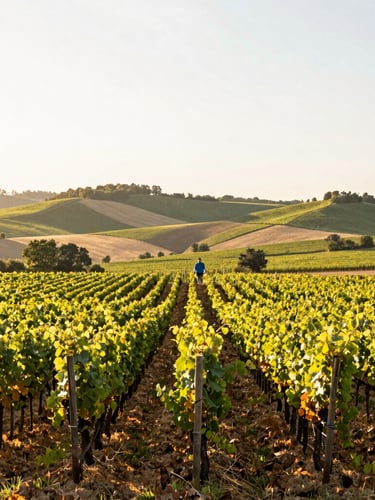 Wide environmental photograph of a serene vineyard in Bourgogne during golden hour, soft warm light, rolling hills in the background, 35mm lens.
