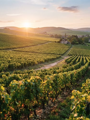 Bright editorial photography of a serene vineyard landscape in Bourgogne at sunrise, rolling hills, warm morning light, 35mm lens