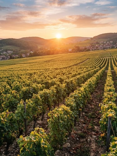 Bright editorial photography of the sun rising over the vineyards of Bourgogne, golden morning light hitting the grapevines, rolling hills in the background, warm tones, 35mm lens.