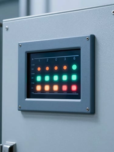 Crisp close-up of a digital control panel with glowing indicators, cool steel blue tones, modern industrial HVAC monitoring system, sharp focus