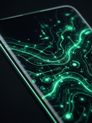 Extreme close-up macro shot of a sleek, dark-mode Android smartphone displaying a fluid, high-refresh-rate interface, subtle electric-green edge lighting, high-contrast studio light.