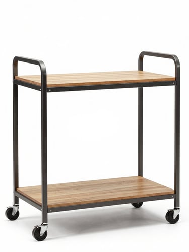 Straight-on eye-level studio shot of a premium metal and wood retail display cart on wheels, clean bright background, sharp focus, 50mm lens