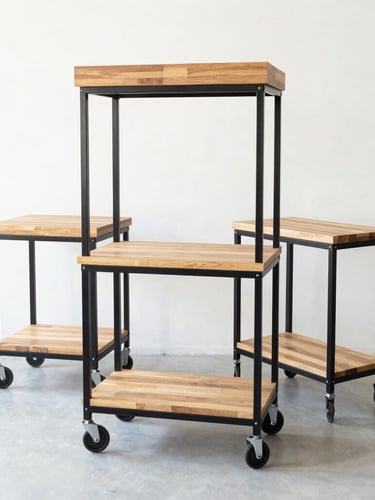 Straight-on eye-level commercial photography of three heavy-duty mobile flower carts with tiered oak shelves and black steel frames, bright studio lighting.