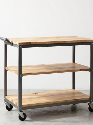 Straight-on portrait shot of a mobile flower trolley showing industrial weld joints and natural timber shelves, clean studio background, bright natural light, sharp focus