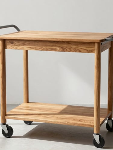 Straight-on eye-level studio shot of a premium mobile flower cart, showcasing clean weld joints and warm oak timber shelves under bright natural light