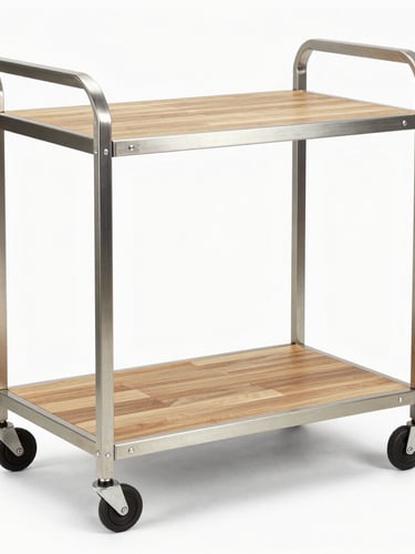 Straight-on studio shot of a premium custom metal and wood service cart, brushed steel frame, oak shelving, clean white background, sharp focus