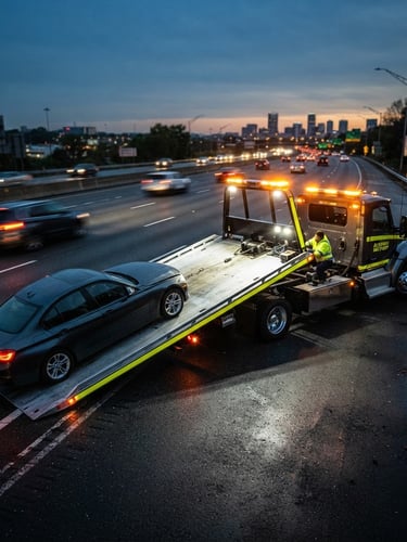 Wide-angle action shot of a clean modern flatbed towing truck operating under crisp emergency beacon lighting on a highway at dusk, high-contrast yellow and charcoal tones