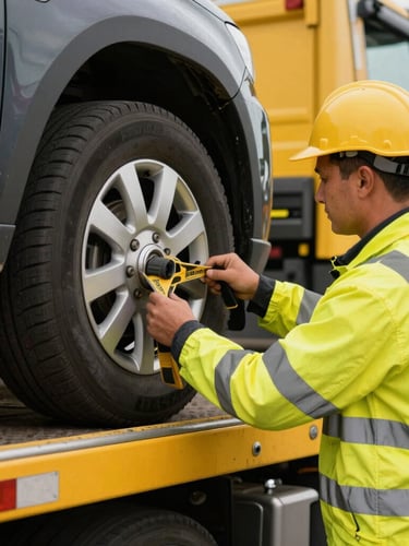 Professional tow truck driver in high-visibility yellow safety gear securing a car wheel with heavy-duty straps, close-up shot, sharp details, daylight.