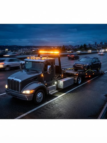 A modern flatbed towing truck parked securely on a highway shoulder during twilight, crisp yellow safety beacons glowing, high-contrast sharp commercial photography.