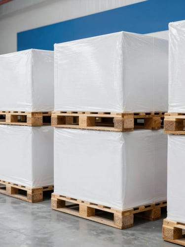 Bright commercial photography, clean modern warehouse environment with organized pallets, soft daylight, sharp focus, professional B2B logistics