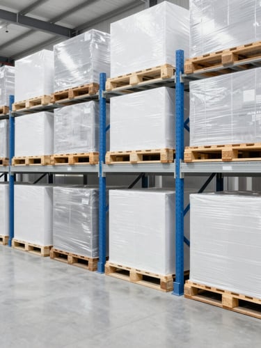 Bright commercial photography of a clean, modern warehouse interior with organized shelves and pallet-ready stock under even daylight, sharp focus