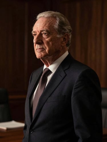 Dramatic side-lit portrait of senior legal counsel in a dark tailored suit, deep shadows, warm copper-gold highlights, corporate office background, 35mm.