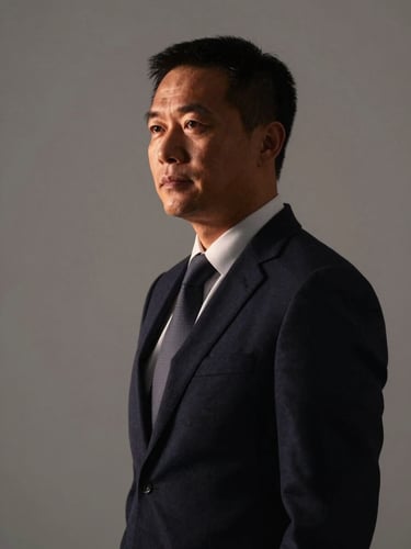 Authoritative, non-cliché portrait of professional legal counsel in deep shadow, low-key dramatic side-lighting, warm copper highlights, sharp focus, 35mm