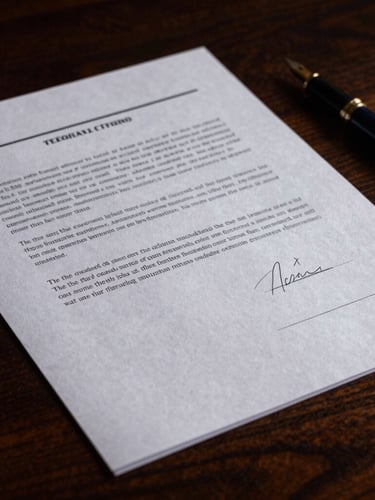 Close-up of signed legal documents on heavy textured paper, resting on a dark walnut desk with a classic fountain pen, low-key dramatic lighting.