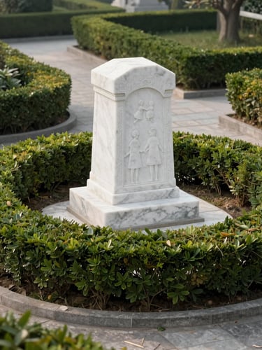 An elegant white marble family monument surrounded by perfectly manicured green hedges and stone pathways under soft morning light.