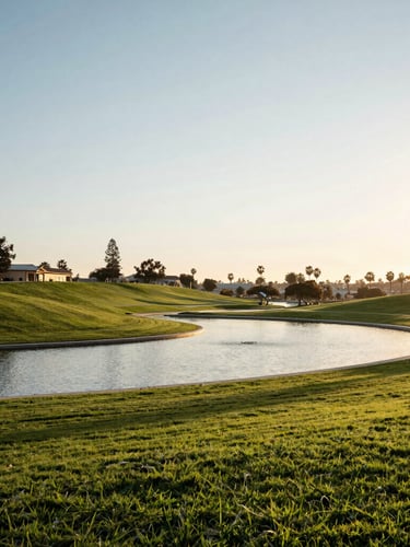Sun-drenched, manicured landscape of San Diego Hills memorial park at golden hour, soft morning light reflecting off a quiet water feature, expansive lawns, wide-angle peaceful perspective.