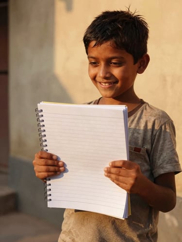 Warm editorial photography of a child in Patna holding a new notebook, smiling, golden hour light, 35mm lens, high-quality candid shot