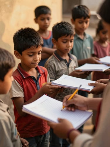 Candid eye-level shot of local children in Patna receiving notebooks and pencils from volunteers, warm golden hour light, authentic emotions