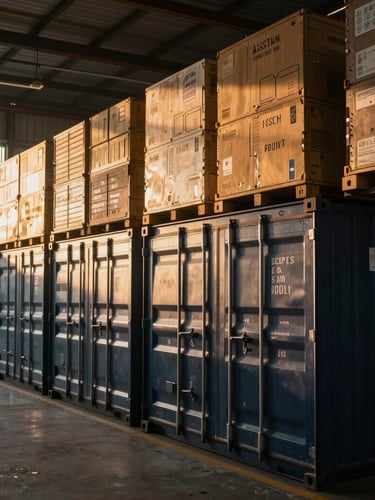 Crisp early morning daylight over an organized warehouse interior, steel cargo container locks and stacked industrial crates in sharp focus, dust motes in light beams.
