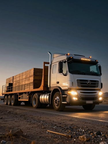 Low-angle dramatic shot of a heavy flatbed truck transporting building materials on an open desert highway during twilight, warm gold headlight glare, commercial photography style.