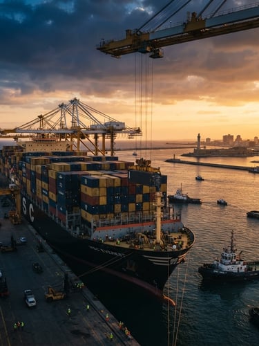 Dramatic wide-angle shot of a massive container vessel loading heavy cargo at Port Said gateway during golden hour, deep navy and gold tones, 35mm.