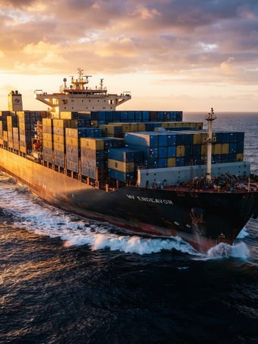 Low-angle dramatic shot of a massive modern container ship loaded with blue and gold containers, cutting through deep ocean water at dawn, crisp golden-hour lighting.