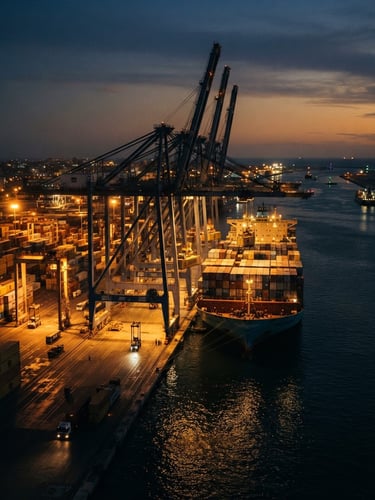 Industrial twilight at Port Said container terminal, massive gantry cranes loading a container ship, high-contrast gold lighting reflecting on deep navy water, wide cinematic 35mm photography