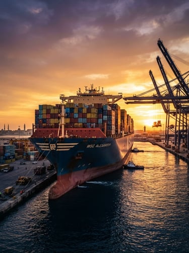 Dramatic low-angle shot of a massive container ship docked at Alexandria port during golden hour, industrial cranes silhouetted against a warm sky, deep navy water.