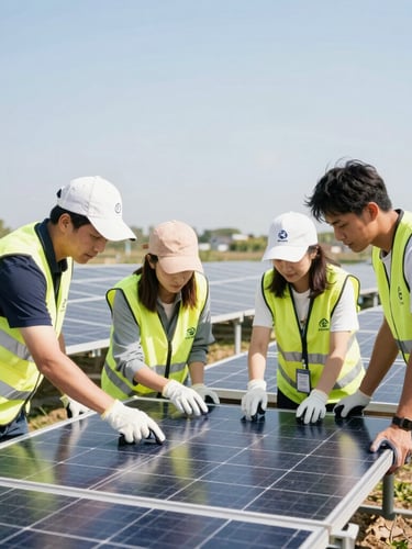 Candid environmental shot of volunteers working together in a community-led solar energy installation, bright natural daylight, optimistic editorial style, 35mm.