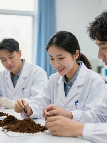 Focused research environment, a scientist and a community leader analyzing soil samples together in a bright, naturally lit laboratory, 35mm