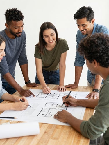 Candid environmental shot of diverse community leaders collaborating around a wooden table with architectural plans, bright natural daylight, optimistic editorial style, 35mm