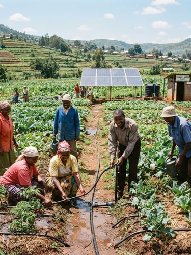Wide-angle environmental shot of community agricultural project, diverse local farmers tending to solar-powered drip irrigation systems in bright natural daylight, 35mm photography.