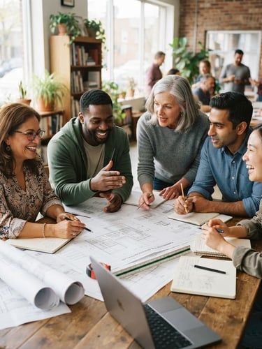 Bright optimistic editorial photography of a diverse group of community members collaborating around a large table with architectural blueprints, natural daylight, 35mm.