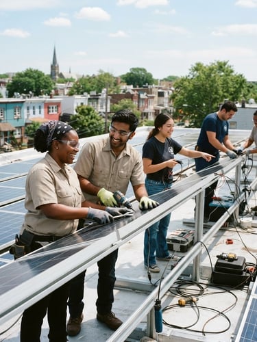 Candid environmental shot of a community-led solar installation, diverse team of local technicians working together under bright natural daylight, 35mm editorial style.