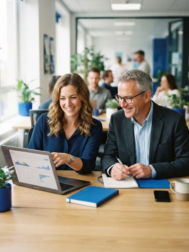A smiling woman in her 30s and a man in his 50s collaborating at a bright office desk with a laptop, natural daylight, vibrant royal blue accents, professional 35mm photography