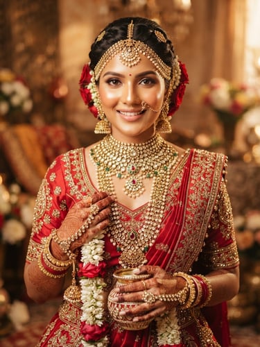 A beautifully styled Indian bride showcasing heavy gold jewelry and flawless radiant skin, warm editorial studio lighting, 85mm portrait lens