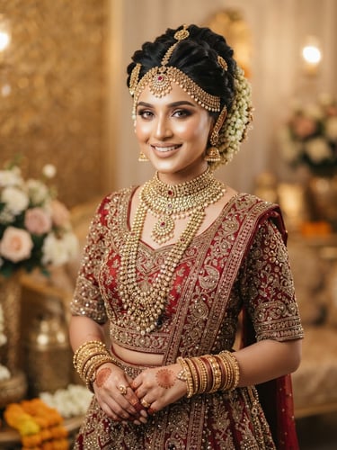 Medium portrait of a real Muslim bride without hijab, showcasing heavy gold jewelry, intricate hair artistry, flawless luminous skin, warm studio lighting, 85mm lens