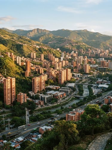 Wide environmental shot of the modern skyline of Medellín nestled in the valley, warm golden-hour sunlight highlighting brick towers and green mountains, 35mm photography