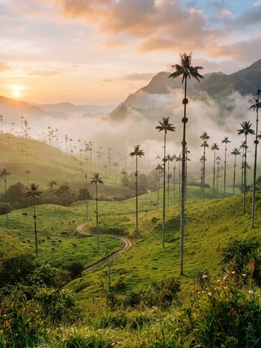 Wide environmental shot of the majestic Valle de Cocora at sunrise, towering wax palms piercing the morning mist, lush green rolling hills of Quindío, warm golden-hour sunlight, 35mm photography.