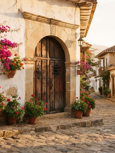 Warm editorial photography of a colonial arched doorway in Villa de Leyva, golden hour sunlight casting soft shadows, 35mm
