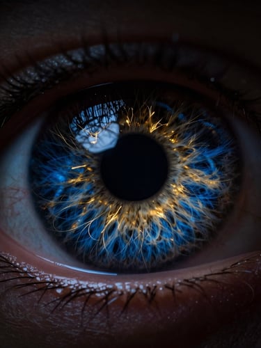 Extreme macro photography of a human iris, ultra-high-definition showing intricate gold and deep blue fiber details, high-contrast studio lighting, deep black background