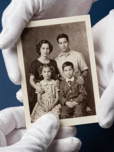 Extreme close-up of hands wearing white cotton gloves holding a vintage sepia family portrait under soft studio light, showing delicate paper texture.