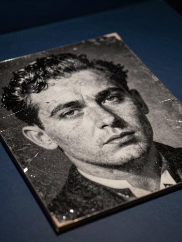 Close-up of a severely damaged vintage black and white portrait from the 1920s, showing cracks, silver mirroring, and faded contrast, handled carefully on a dark gallery table.