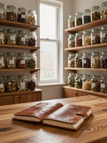 Wide environmental shot of a small natural healthcare consultation room — shelves lined with glass jars of dried botanicals, warm afternoon light through a narrow window, a worn leather notebook open on a wooden desk, no people, quiet and specific