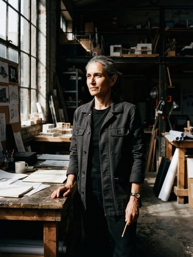 Stark environmental portrait of the creative director in a high-contrast industrial studio, harsh direct sunlight casting deep defined shadows, desaturated tones with deep blacks, 35mm film grain