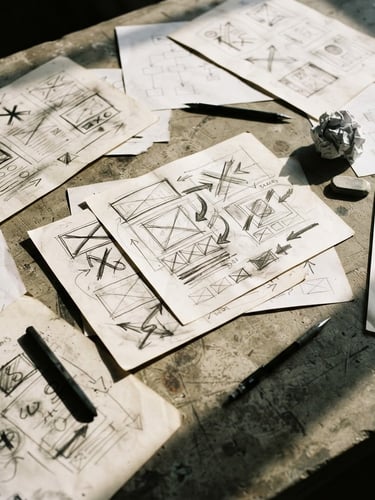 Gritty editorial shot of hand-drawn campaign layouts on a concrete desk, harsh direct sunlight, deep shadows, 35mm film grain.