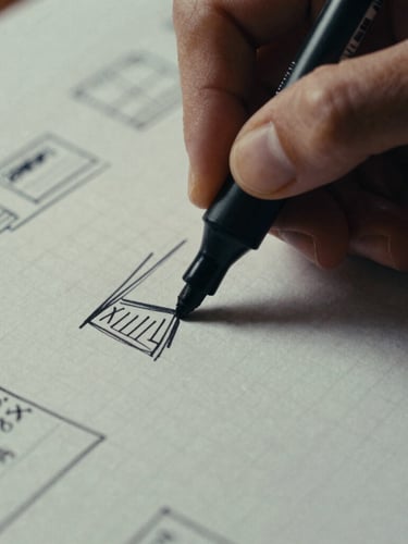 Extreme close-up of a designer's hand sketching ad layouts with a thick black marker on grid paper, harsh studio lighting, desaturated tones, 35mm film grain.